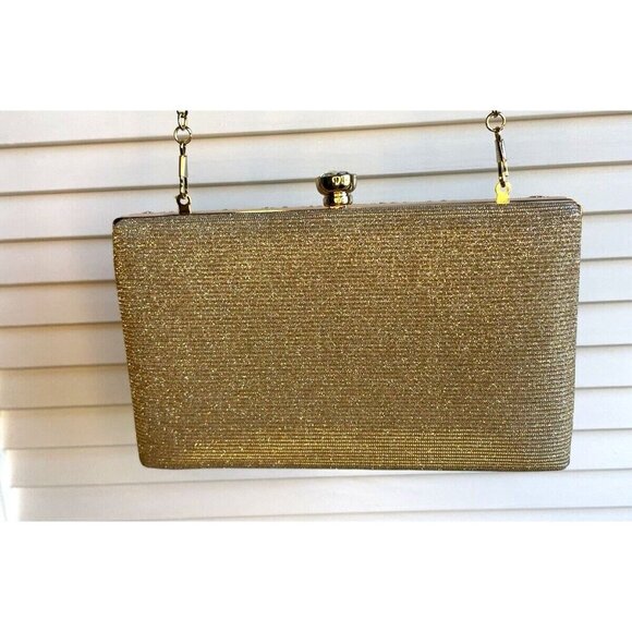 Gold Metallic Women's Handbag w/ Jeweled Snap Closure and Chain Strap - Picture 3 of 9